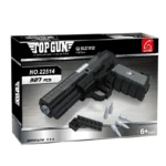 A black brick toy pistol with a box, extra bricks, and four bullets are visible.