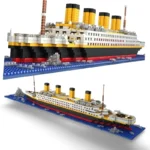 Two images of a toy ship constructed from interlocking bricks, with black, red, white, and yellow colors.