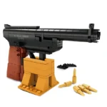 A toy gun with a stand and several toy bullets.