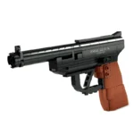 A toy gun with a black barrel and brown handle is shown.