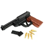 A black and brown toy gun with gold bullets and black blocks.