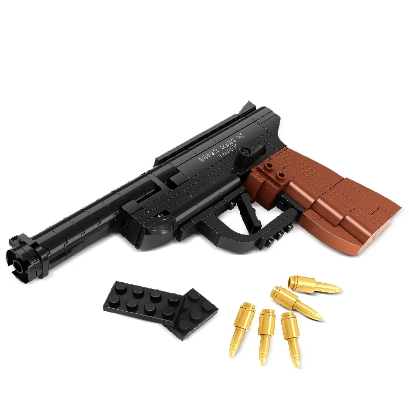 A black and brown toy gun with gold bullets and black blocks.