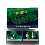 A green toy tank with a red star and yellow stripes, and two small figures.