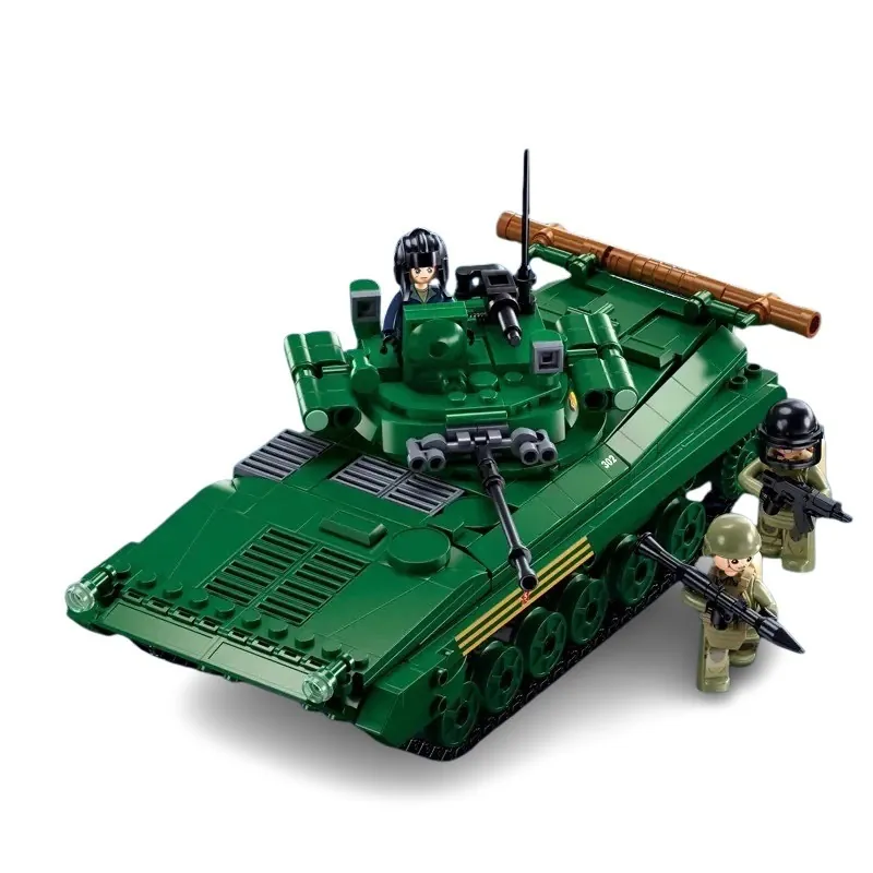 A green toy tank with three toy figures holding rifles is displayed.