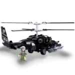 Black brick toy helicopter with a pilot figure in green uniform.