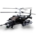 A black toy helicopter with rotating blades, a cockpit, and weapons attached.