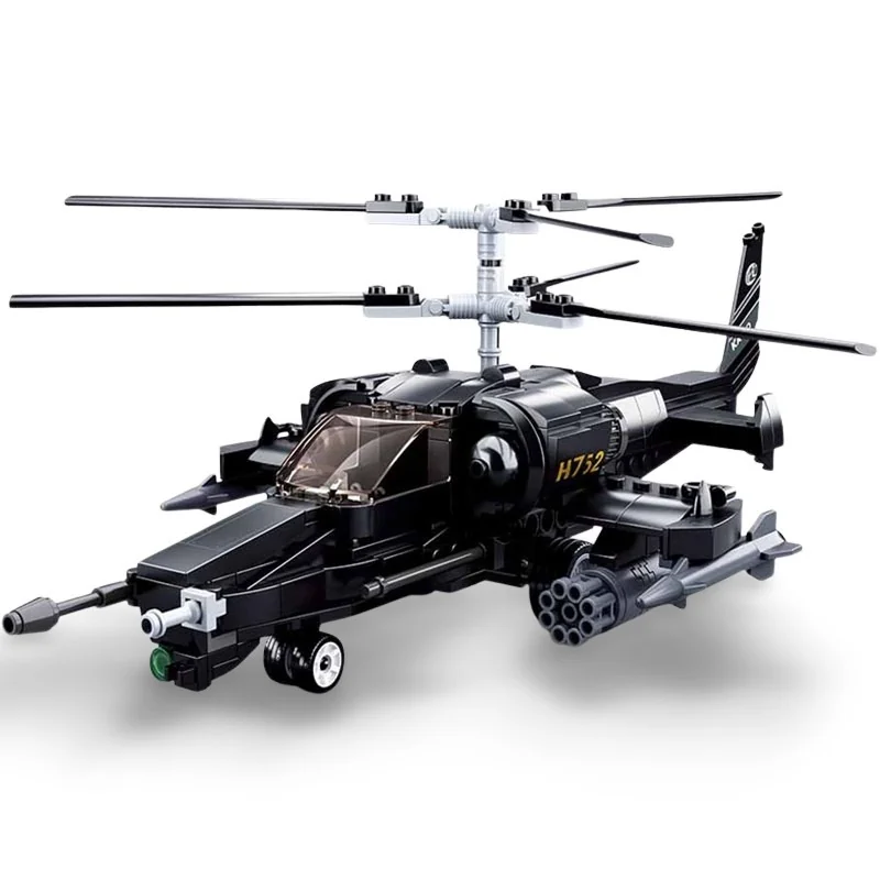 A black toy helicopter with rotating blades, a cockpit, and weapons attached.