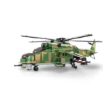 A toy helicopter with green and tan camouflage pattern, and missiles attached.