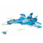 A blue toy fighter jet with missiles is displayed, along with a smaller jet model.