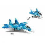 Two toy airplanes, one larger and one smaller, are constructed from blue and white bricks.