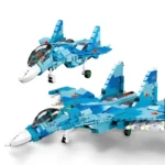 Two blue and white toy fighter jets are displayed, one above the other.