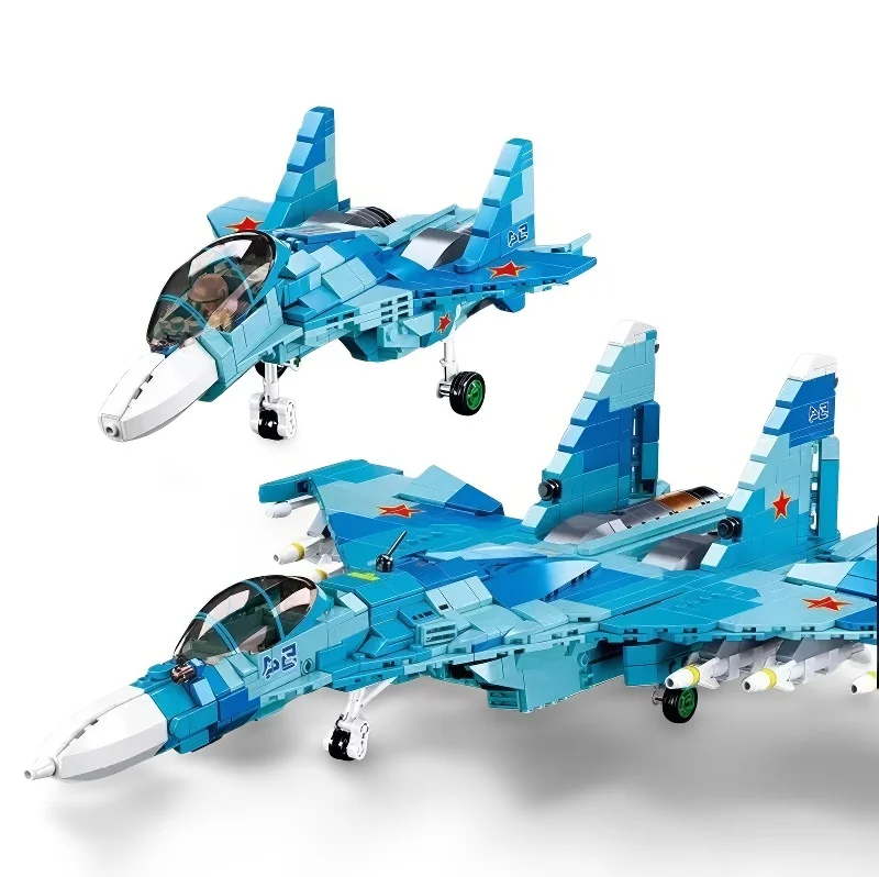 Two blue and white toy fighter jets are displayed, one above the other.