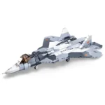 A gray and white toy jet with red stars is shown.