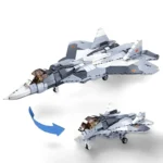 A gray and white toy jet airplane, constructed from interlocking bricks, is displayed in two different positions with a blue arrow indicating a change.