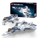 Three toy fighter jets made of interlocking bricks, with one in a box, are displayed.