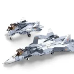 Two gray and white toy fighter jets with red stars are displayed.