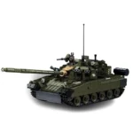 A green toy tank with a long barrel, a black antenna, and multiple wheels.
