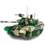 A toy tank with a green and tan camouflage pattern has a long barrel and multiple wheels.
