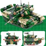 A toy tank with green and tan camouflage pattern has a long barrel and treads.