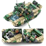 A toy tank with green and tan camouflage pattern is displayed, along with two close-up views of its interior.