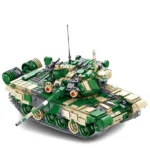 A toy tank with green and tan camouflage pattern is displayed.