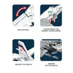 Four images show different views of a white brick toy aircraft, including a movable wing, an openable bottom, the tail, and the bottom.