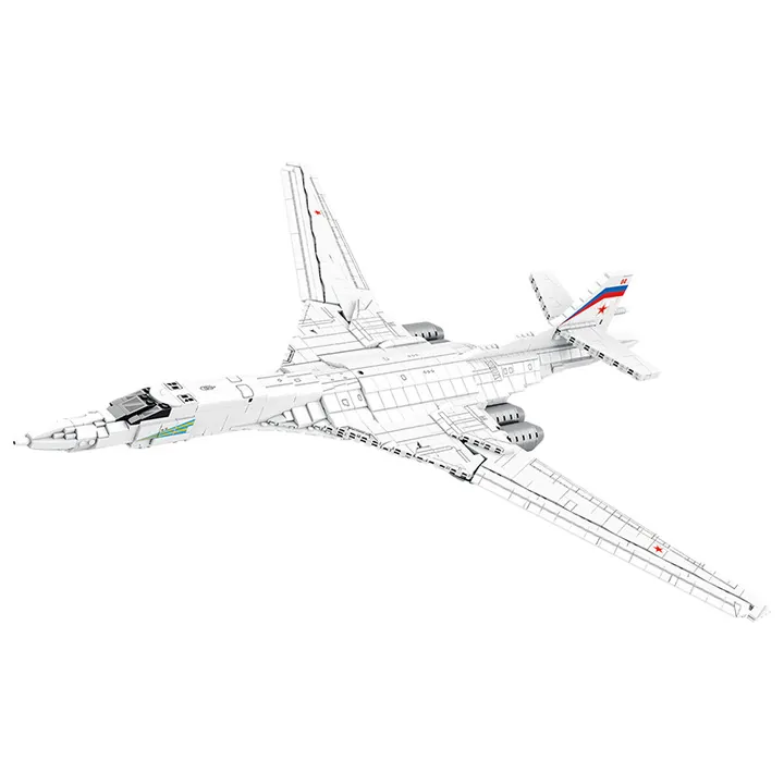 A white toy airplane with red and blue markings is displayed.