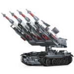 A gray toy tank with a missile launcher and four missiles is shown.