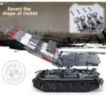 Rocket launcher model with movable arms and multiple projectiles, designed for imaginative play and creative building.