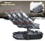 A gray toy tank with multiple white and red missiles mounted on top is shown.