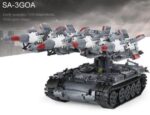 Tank toy model designed with multiple rocket launchers on a wheeled base, showcasing creative construction possibilities.
