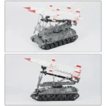 Two images display a gray tank with a white missile on top.