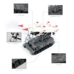 A gray toy tank with a white rocket launcher on top is shown with several close-up views of its parts.
