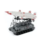 A gray toy tank with two white missiles on top is displayed.