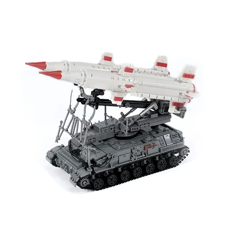 A gray toy tank with two white missiles on top is displayed.