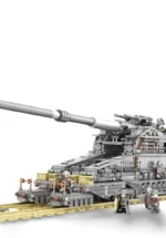 A gray toy artillery train with a long cannon and several toy soldier figures.