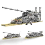A large toy cannon on a rail car with several toy figures is displayed in three different views.