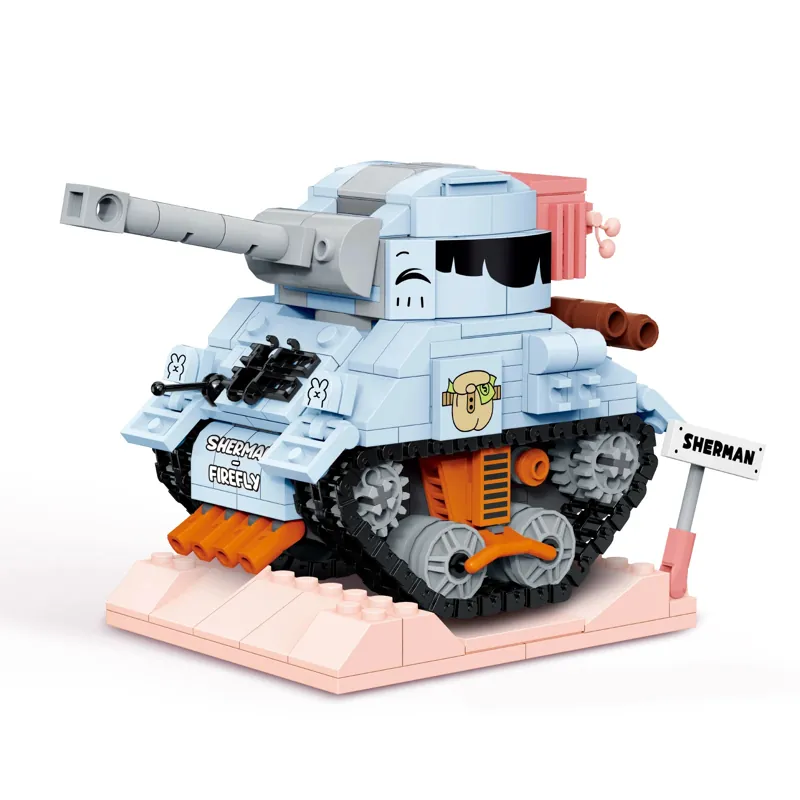 A light blue toy tank with a long cannon and black treads sits on a pink base.