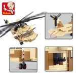 A tan toy helicopter with rotating blades and a gun is shown in multiple views.