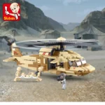 A tan helicopter toy with three figures, two carrying a stretcher, and one holding a gun.