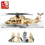 A toy helicopter with four toy soldier figures are displayed.