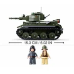 A green toy tank with two toy figures is displayed.