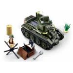 A green toy tank with two toy soldiers, a barrel, a crate with weapons, a shovel, and a barrier are present.