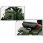 Two close-up views of a green toy tank with a turret and red tail lights.