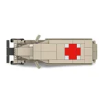 A toy vehicle with a red cross on top is constructed from building blocks.