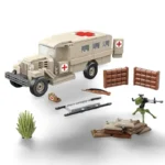 A toy ambulance vehicle with a red cross, a stretcher, a first aid kit, a rifle, a machine gun, and other accessories.