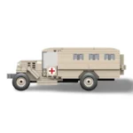 A tan toy truck with a red cross on the side has four wheels and multiple windows.
