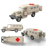 Four views of a tan toy ambulance with red crosses are displayed.