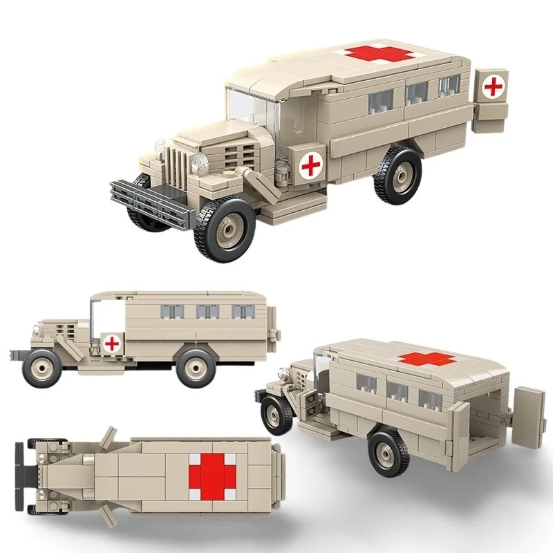 Four views of a tan toy ambulance with red crosses are displayed.