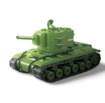 A green toy tank with treads and a cannon is visible.